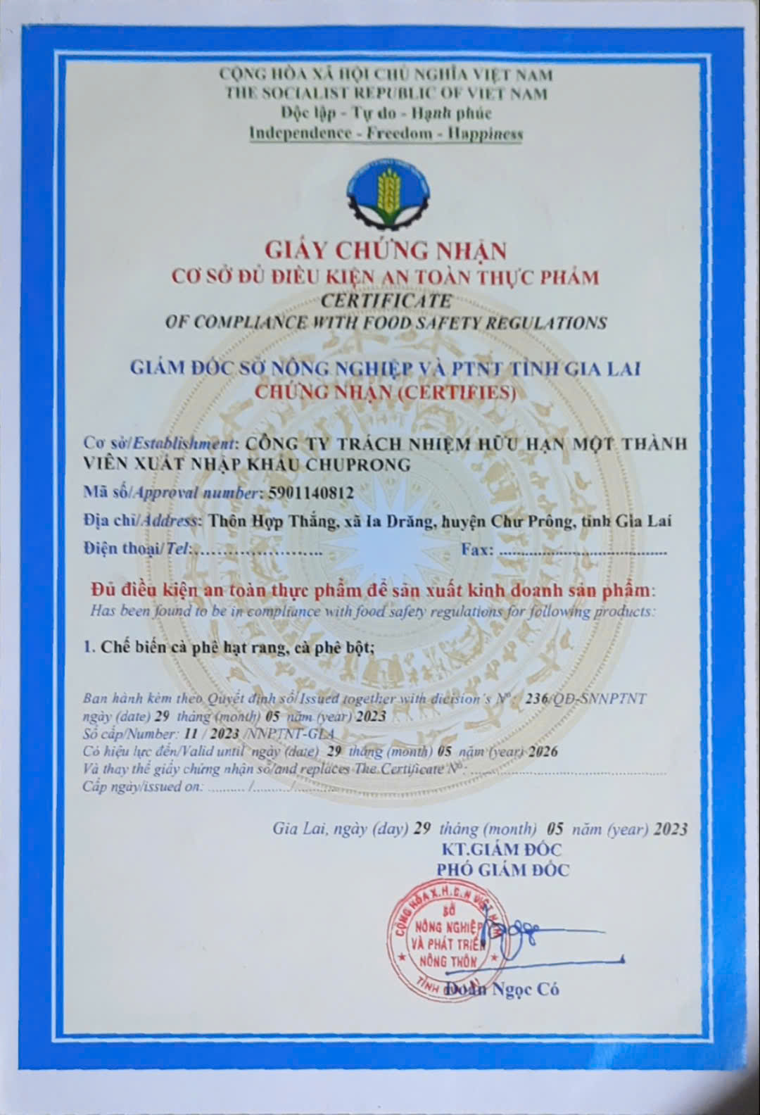 Giấy chứng nhận cơ sở đủ điều kiện an toàn thực phẩm của Công ty TNHH MTV XNK Chuprong
